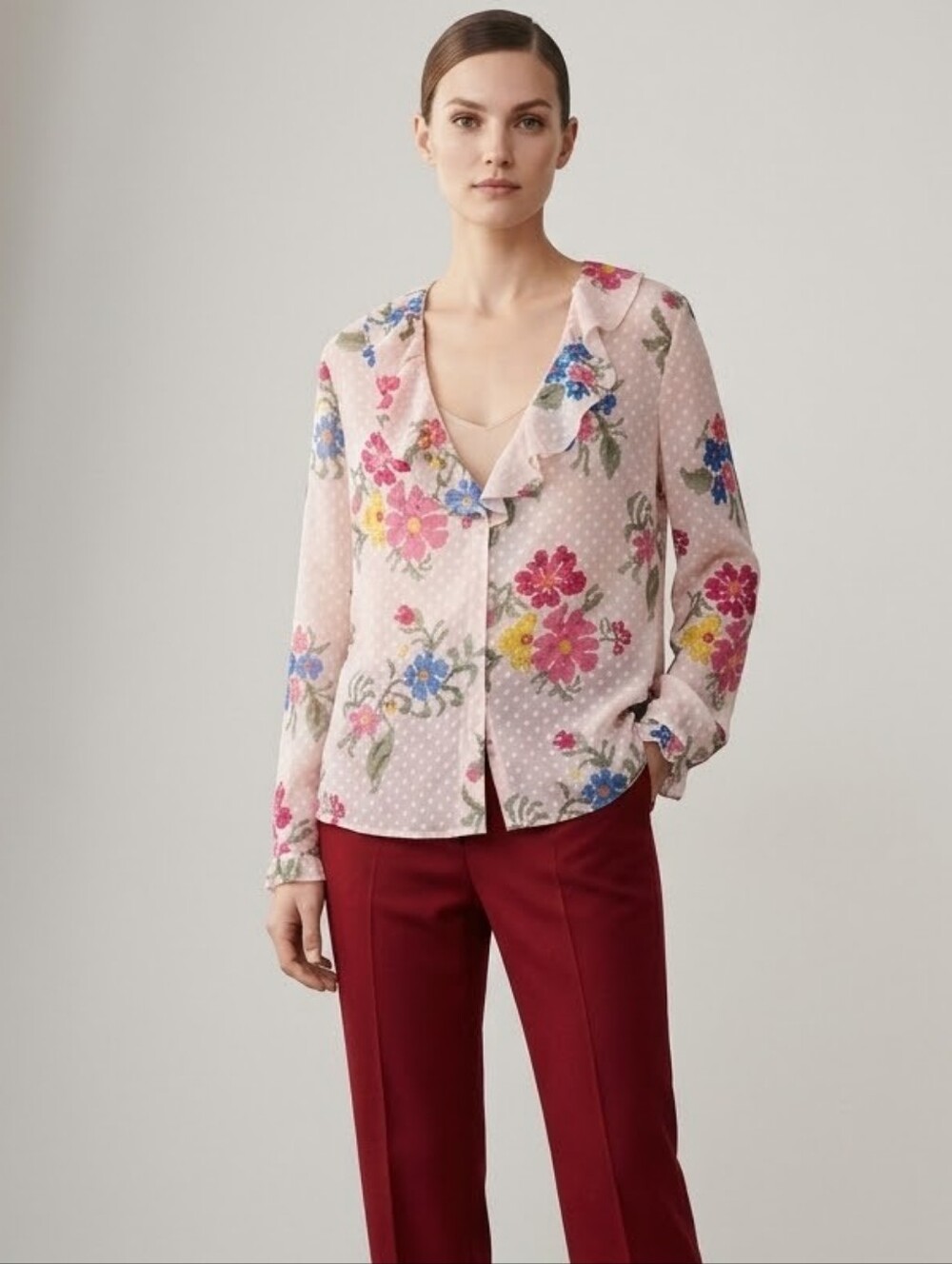 Red Valentino Ruffled Floral Semi Sheer Chiffon Blouse AS IS